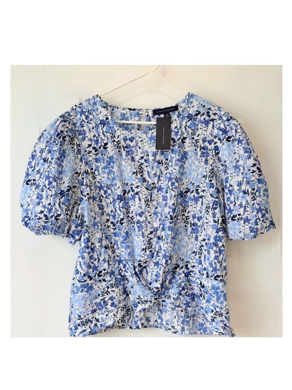 Tommy Hilfiger Blue Floral Knot-Front Puff Sleeve Top
